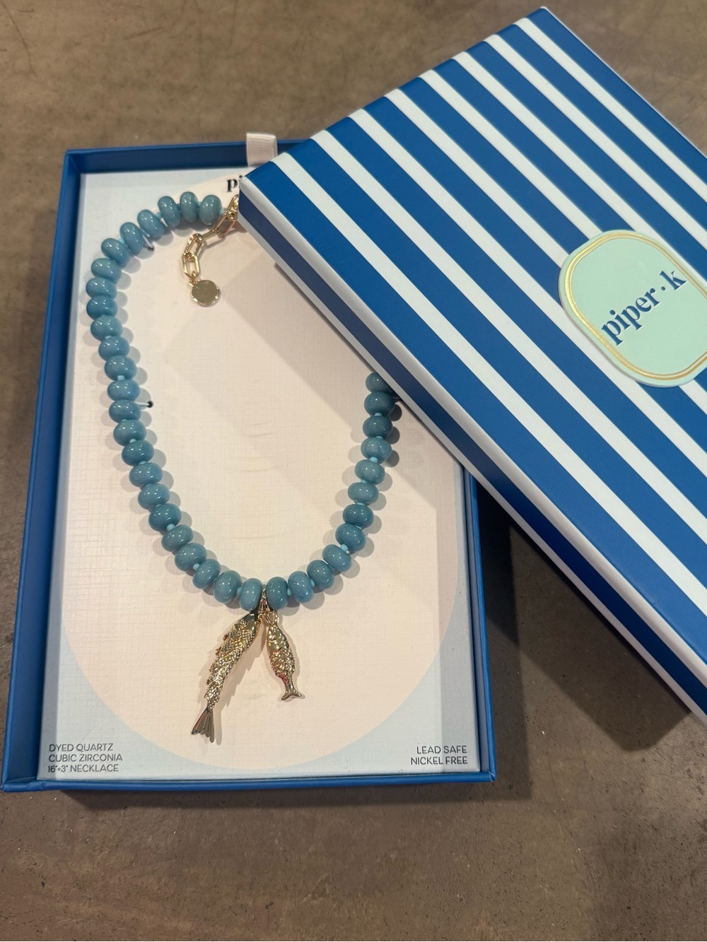 Piper K Aqua Beaded dyed quartz Necklace with 2 Gold Fish Charms- adjustable!